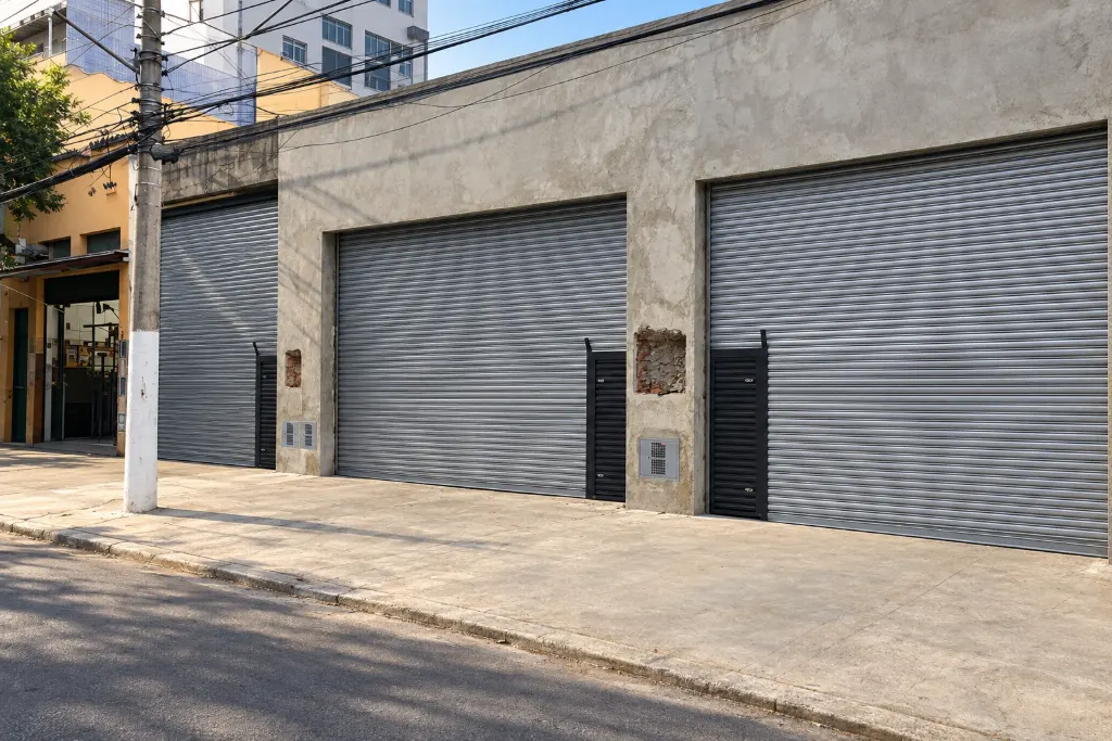 Três portas de aço com portinhola, fachada de rua